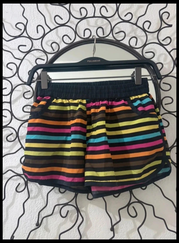 Short de Bain et de Sport Femme Rétro Rayures Multicolores - Taille 36 (S) - Très Bon État